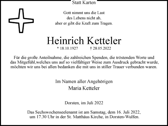 Traueranzeige von Heinrich Ketteler von Ruhr Nachrichten und Dorstener Zeitung