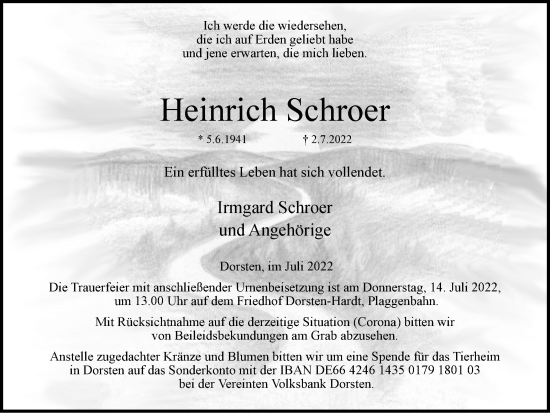 Traueranzeige von Heinrich Schroer von Ruhr Nachrichten und Dorstener Zeitung