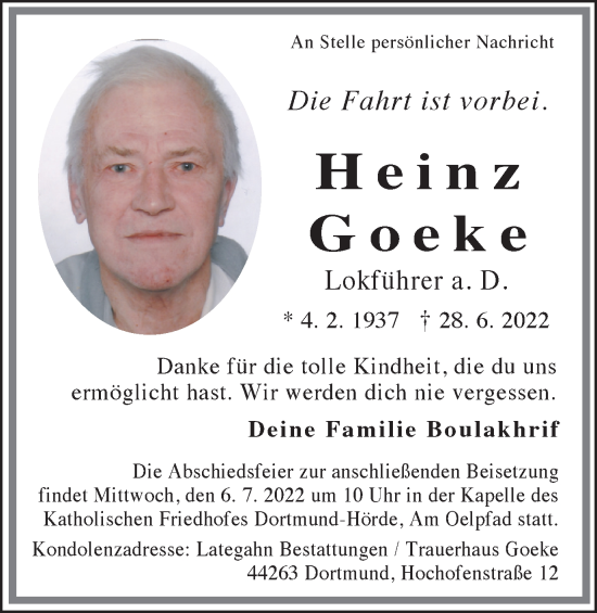 Traueranzeige von Heinz Goeke 