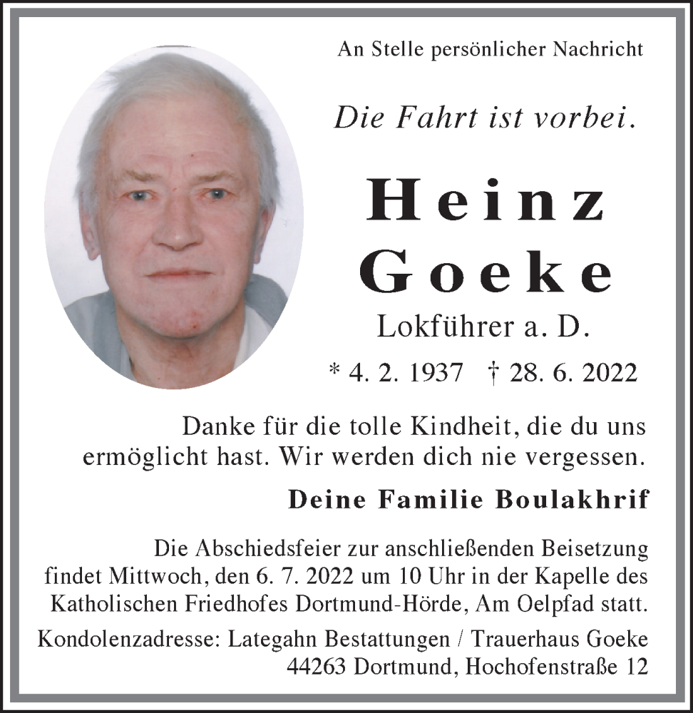  Traueranzeige für Heinz Goeke vom 02.07.2022 aus 