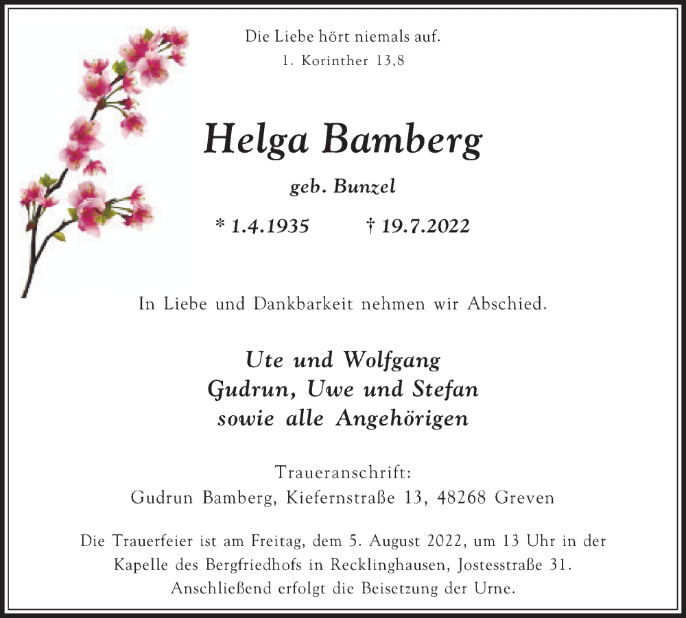  Traueranzeige für Helga Bamberg vom 30.07.2022 aus Medienhaus Bauer