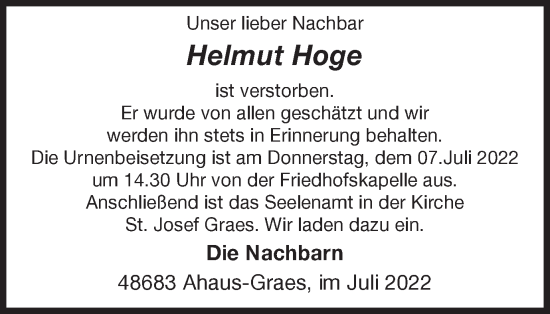 Traueranzeige von Helmut Hoge von Münstersche Zeitung und Münsterland Zeitung