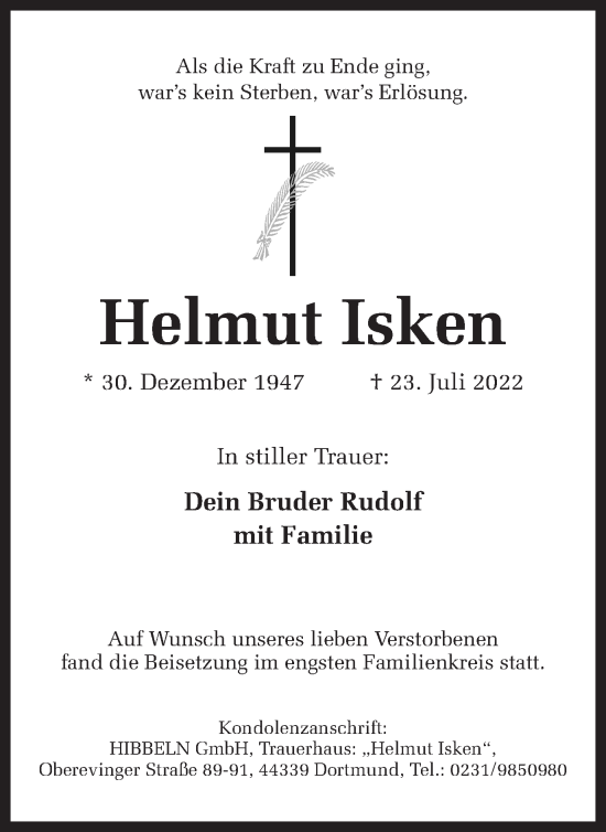 Traueranzeige von Helmut Isken von Ruhr Nachrichten