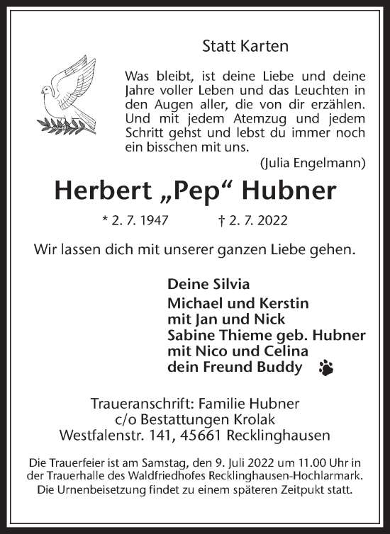 Traueranzeige von Herbert Hubner von Medienhaus Bauer
