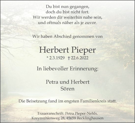 Traueranzeige von Herbert Pieper von Medienhaus Bauer