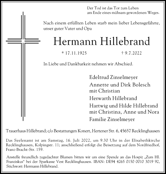 Traueranzeige von Hermann Hillebrand von Medienhaus Bauer