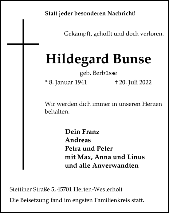 Traueranzeige von Hildegard Bunse von Medienhaus Bauer