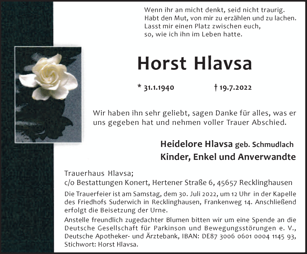  Traueranzeige für Horst Hlavsa vom 23.07.2022 aus Medienhaus Bauer