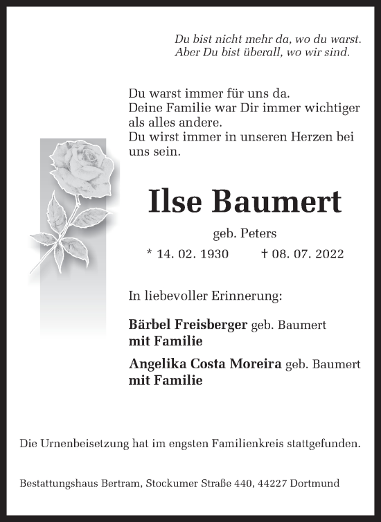 Traueranzeige von Ilse Baumert 