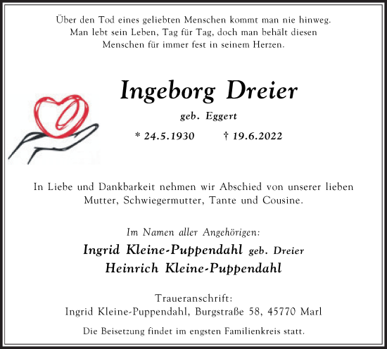 Traueranzeige von Ingeborg Dreier von Medienhaus Bauer