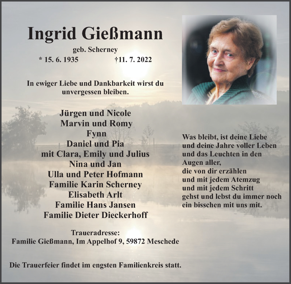  Traueranzeige für Ingrid Gießmann vom 23.07.2022 aus Ruhr Nachrichten