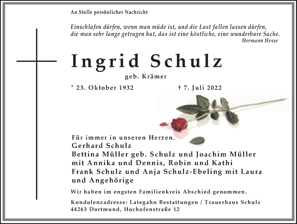  Traueranzeige für Ingrid Schulz vom 20.07.2022 aus 