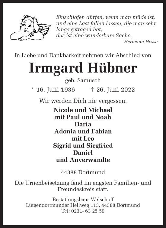 Traueranzeige von Irmgard Hübner 
