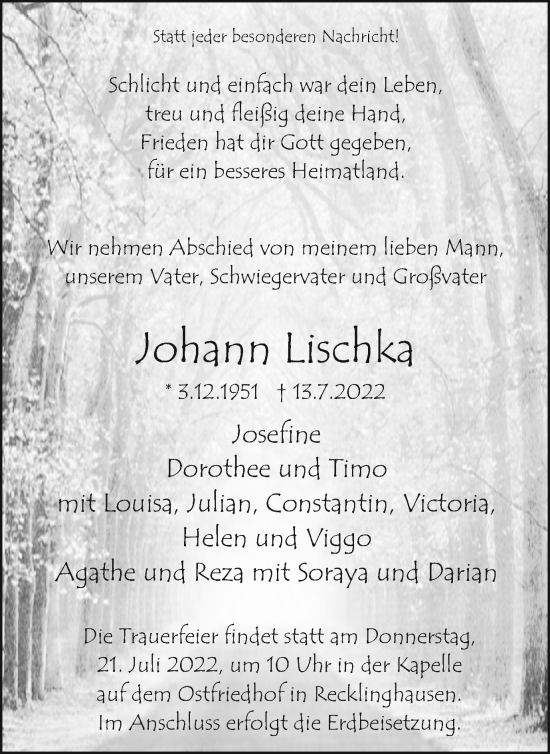 Traueranzeige von Johann Lischka von Medienhaus Bauer