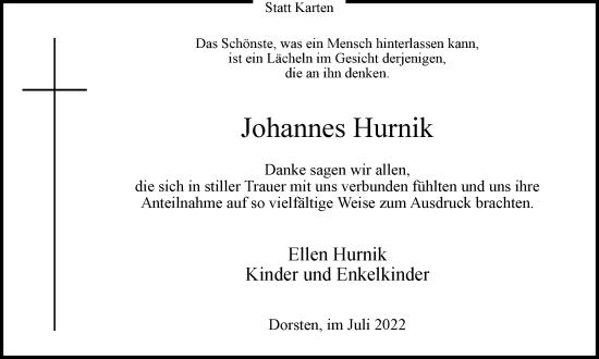 Traueranzeige von Johannes Hurnik von Ruhr Nachrichten und Dorstener Zeitung