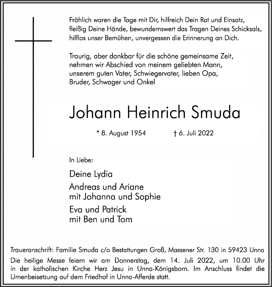  Traueranzeige für Johann Heinrich Smuda vom 12.07.2022 aus Hellweger Anzeiger
