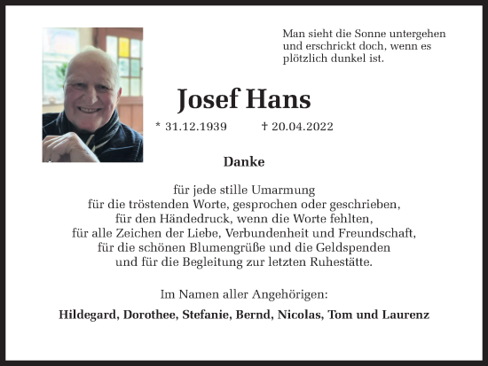 Traueranzeige von Josef Hans von Ruhr Nachrichten und Halterner Zeitung