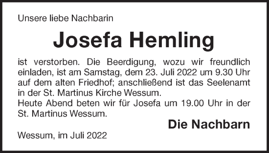 Traueranzeige von Josefa Hemling von Münstersche Zeitung und Münsterland Zeitung
