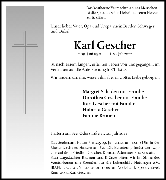 Traueranzeige von Karl Gescher von Ruhr Nachrichten und Halterner Zeitung