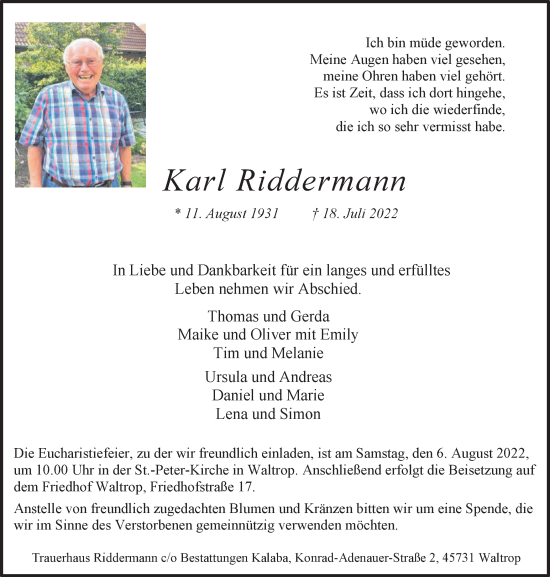 Traueranzeige von Karl Riddermann von Medienhaus Bauer