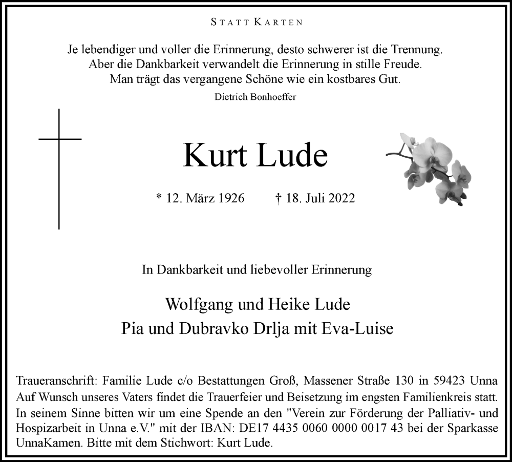  Traueranzeige für Kurt Lude vom 20.07.2022 aus Hellweger Anzeiger