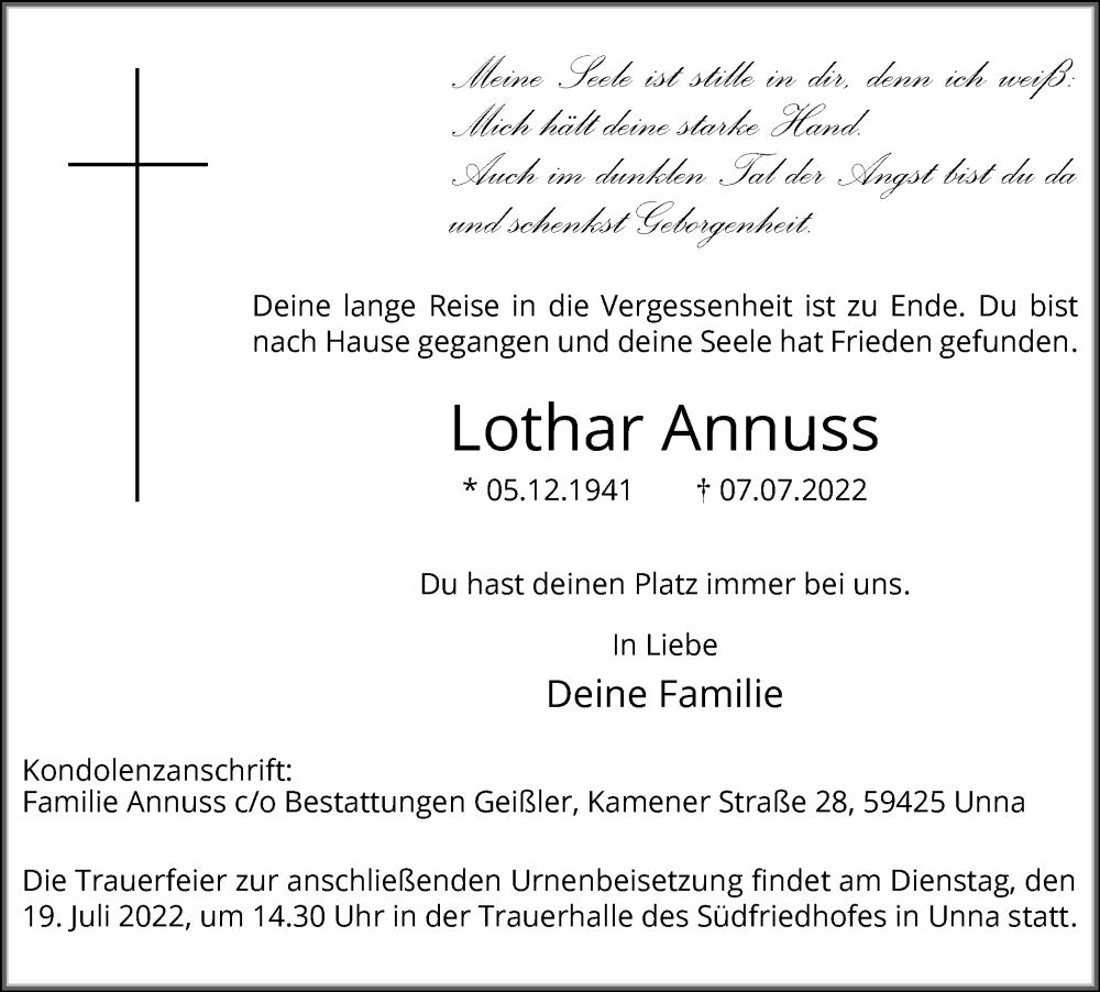  Traueranzeige für Lothar Annuss vom 13.07.2022 aus Hellweger Anzeiger