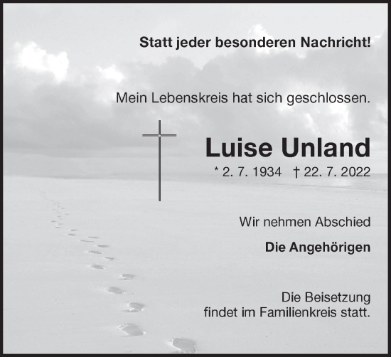 Traueranzeige von Luise Unland von Medienhaus Bauer