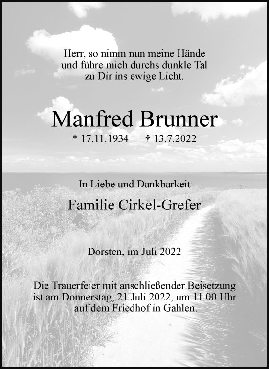 Traueranzeige von Manfred Brenner von Ruhr Nachrichten und Dorstener Zeitung