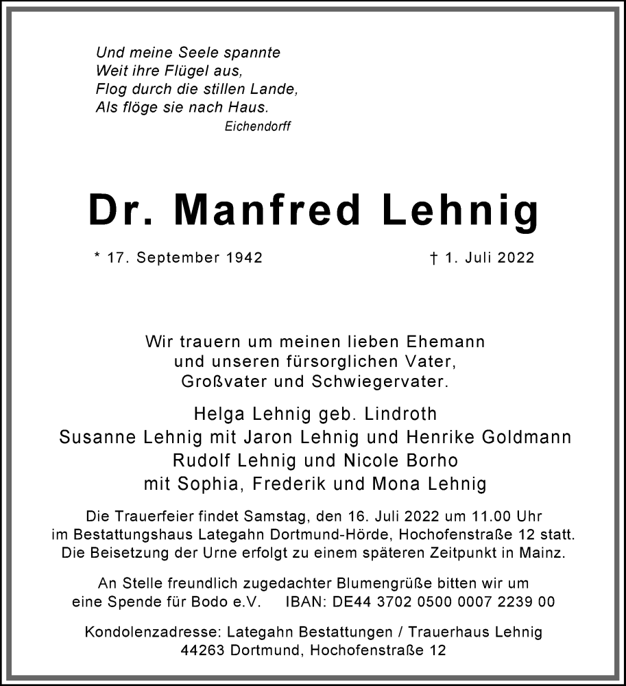  Traueranzeige für Manfred Lehnig vom 09.07.2022 aus 