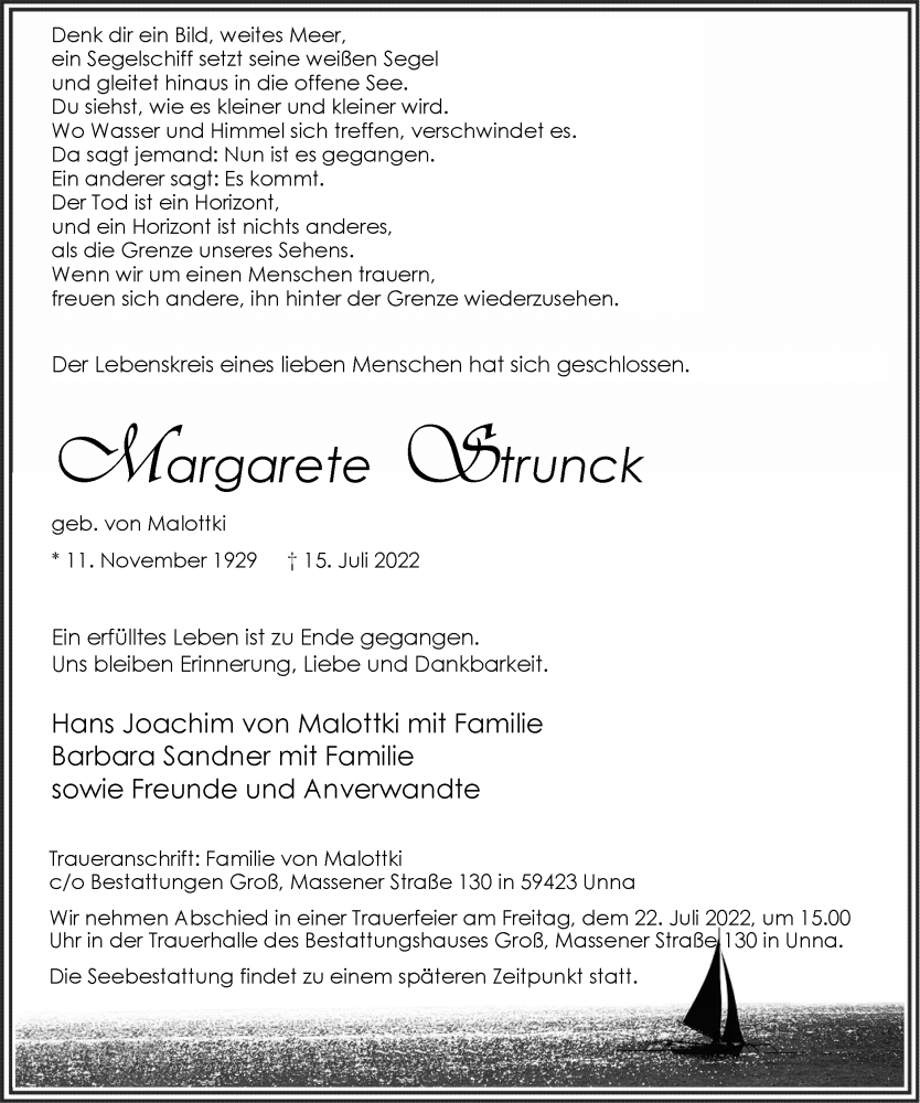  Traueranzeige für Margarete Strunck vom 19.07.2022 aus Hellweger Anzeiger