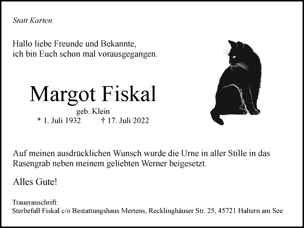  Traueranzeige für Margot Fiskal vom 30.07.2022 aus Ruhr Nachrichten und Halterner Zeitung