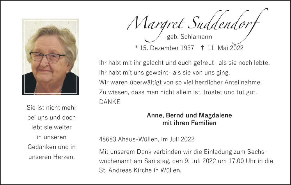 Traueranzeige für Margret Suddendorf vom 06.07.2022 aus Münstersche Zeitung und Münsterland Zeitung