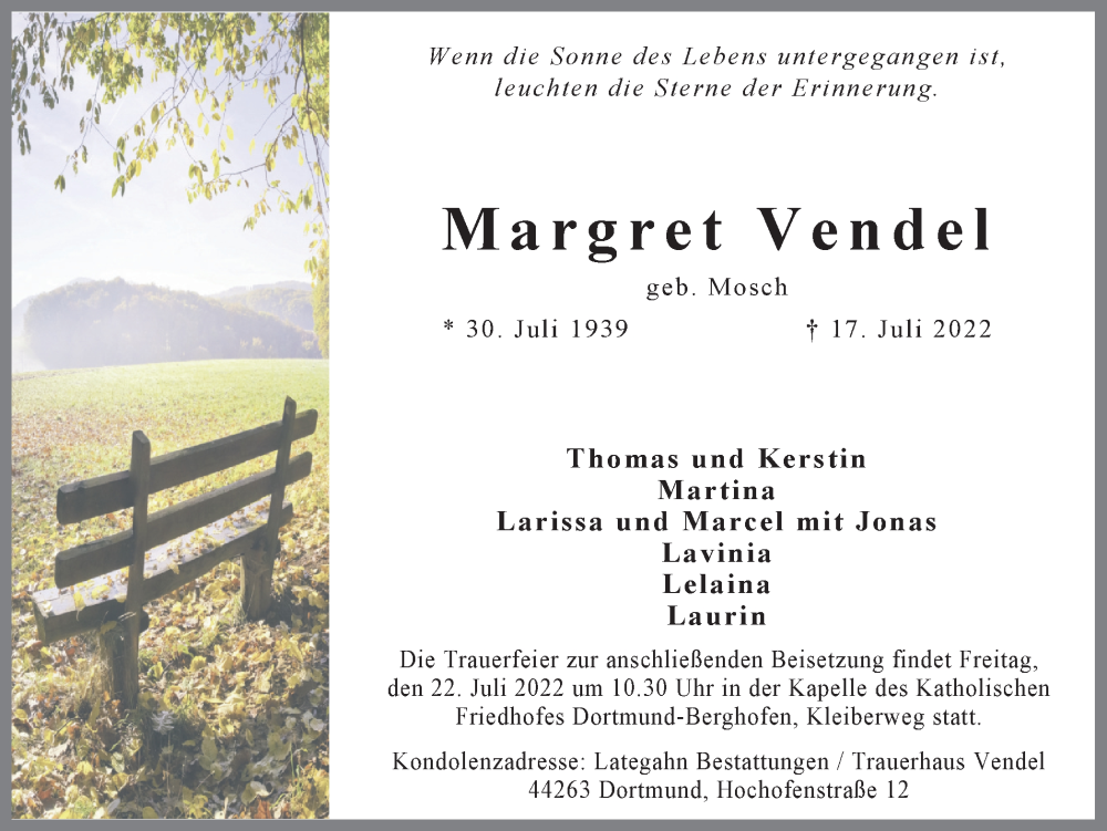  Traueranzeige für Margret Vendel vom 20.07.2022 aus 