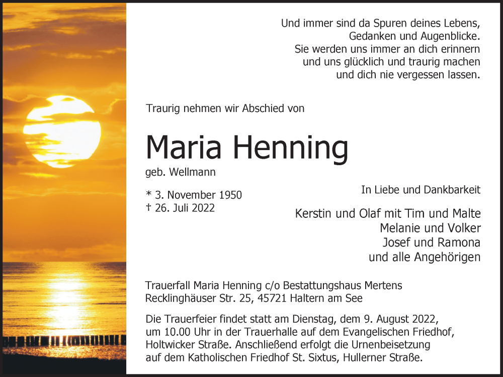  Traueranzeige für Maria Henning vom 30.07.2022 aus Ruhr Nachrichten und Halterner Zeitung