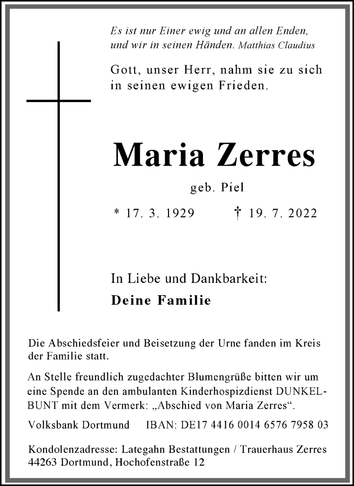  Traueranzeige für Maria Zerres vom 30.07.2022 aus 
