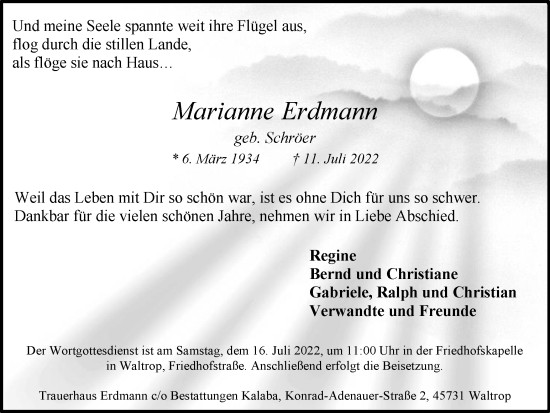Traueranzeige von Marianne Erdmann von Medienhaus Bauer
