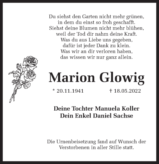 Traueranzeige von Marion Glowig von Ruhr Nachrichten