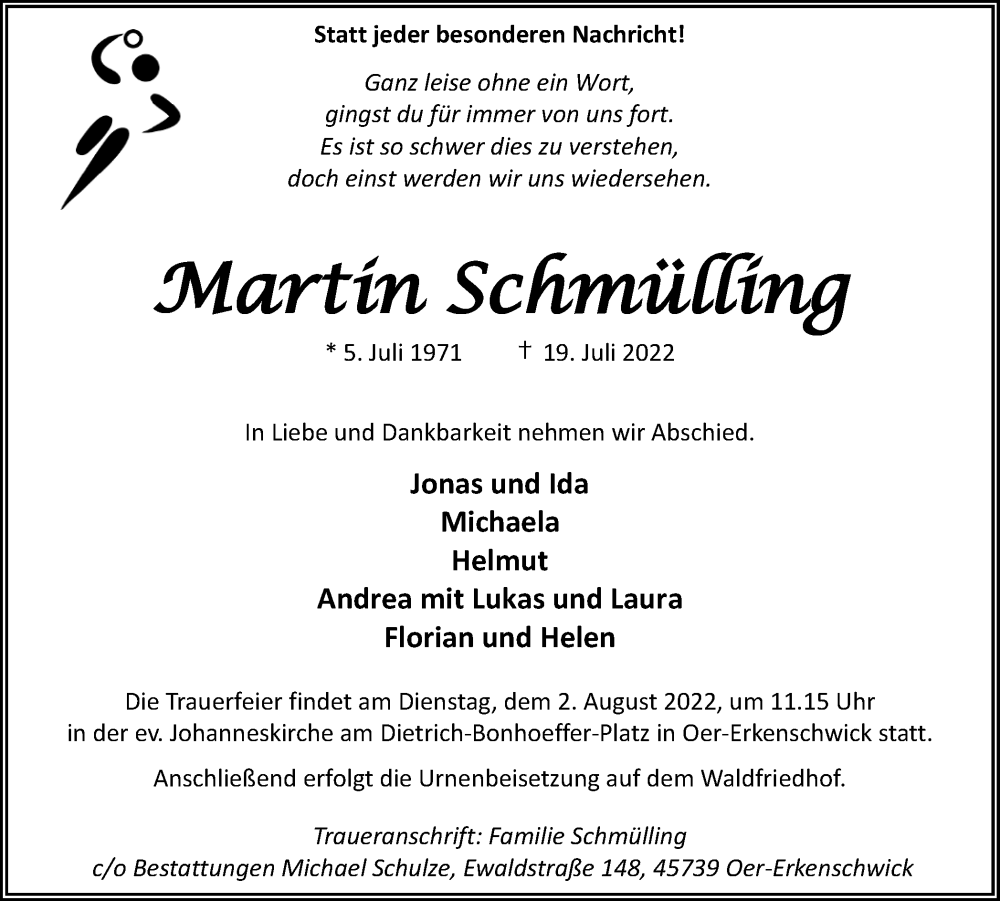  Traueranzeige für Martin Schmülling vom 30.07.2022 aus Medienhaus Bauer