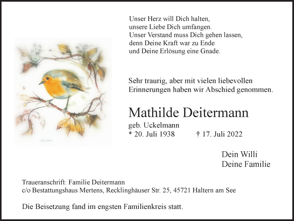  Traueranzeige für Mathilde Deitermann vom 26.07.2022 aus Ruhr Nachrichten und Halterner Zeitung