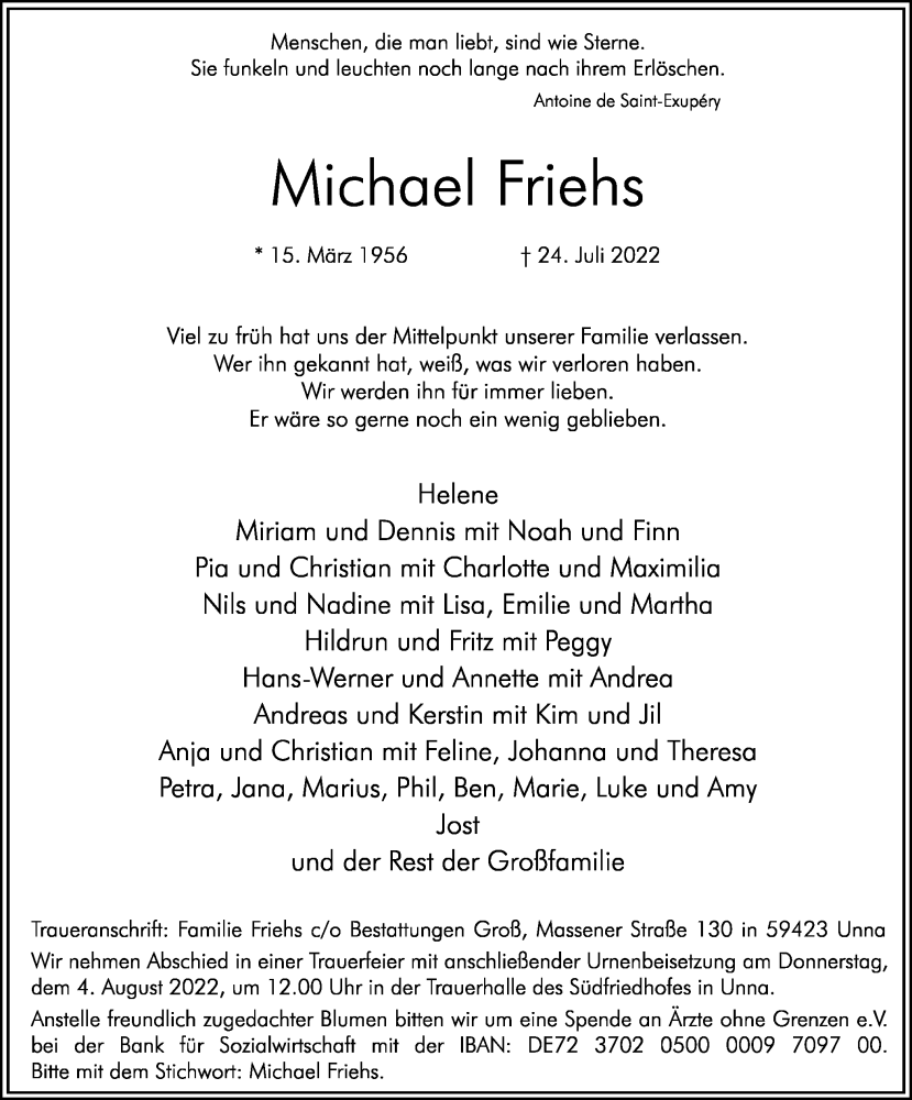  Traueranzeige für Michael Friehs vom 30.07.2022 aus Hellweger Anzeiger