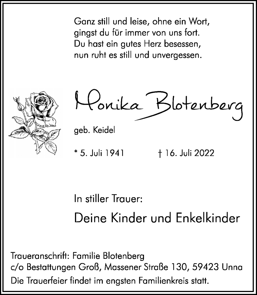  Traueranzeige für Monika Blotenberg vom 20.07.2022 aus Hellweger Anzeiger
