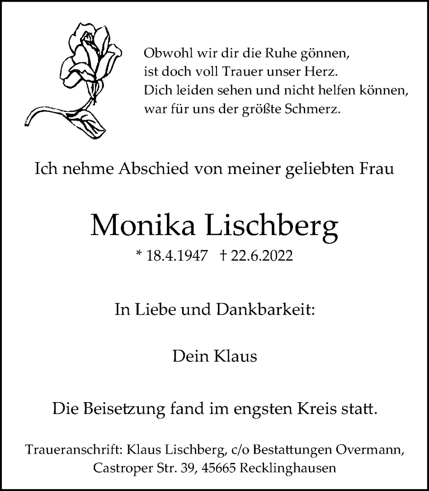  Traueranzeige für Monika Lischberg vom 09.07.2022 aus Medienhaus Bauer