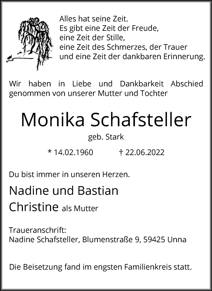  Traueranzeige für Monika Schafsteller vom 09.07.2022 aus Hellweger Anzeiger