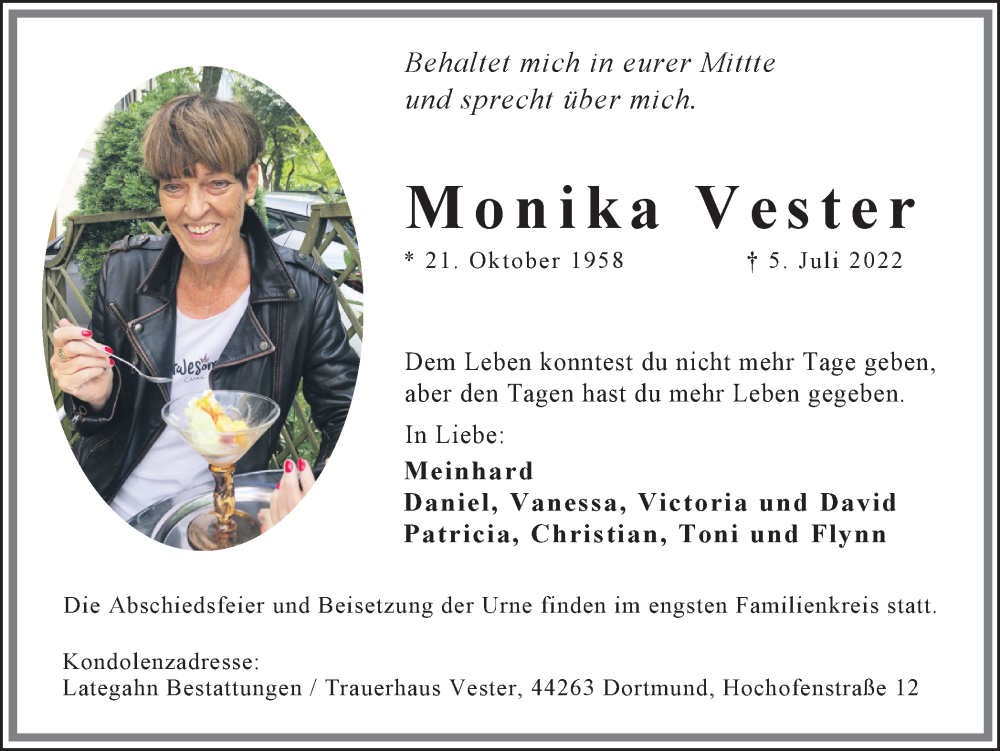  Traueranzeige für Monika Vester vom 09.07.2022 aus 