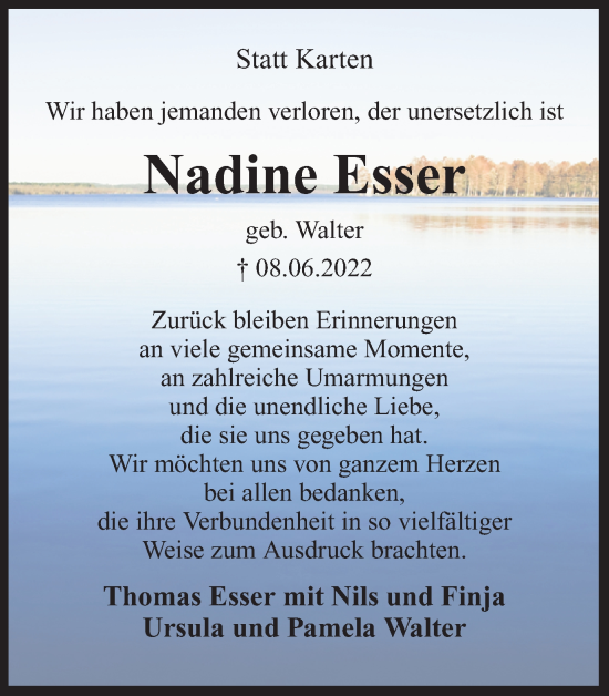Traueranzeige von Nadine Esser von Ruhr Nachrichten und Dorstener Zeitung