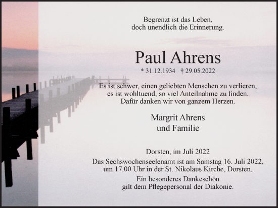 Traueranzeige von Paul Ahrens von Ruhr Nachrichten und Dorstener Zeitung