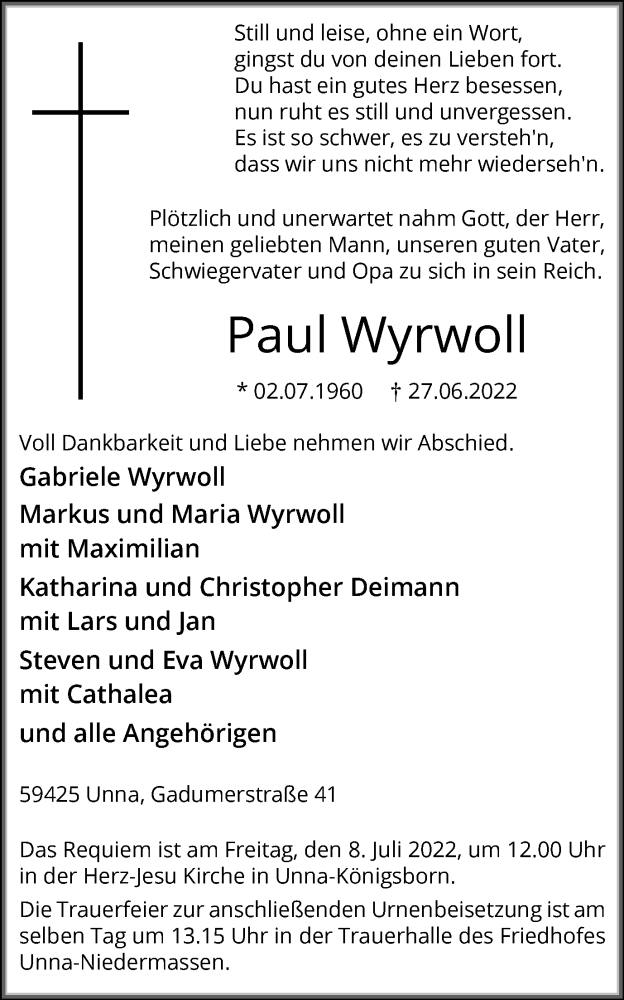  Traueranzeige für Paul Wyrwoll vom 01.07.2022 aus Hellweger Anzeiger