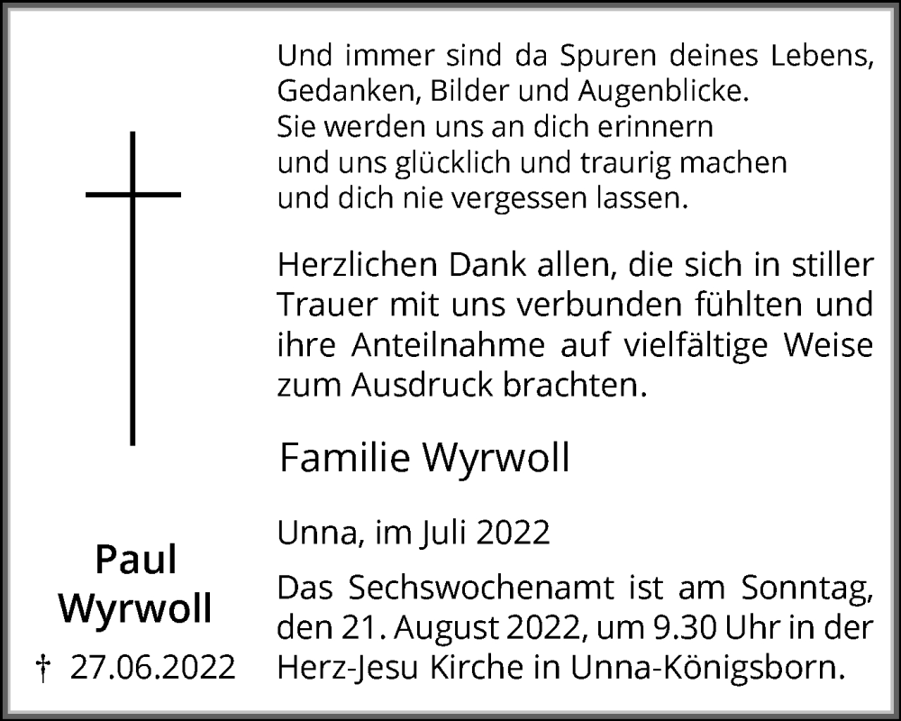  Traueranzeige für Paul Wyrwoll vom 30.07.2022 aus Hellweger Anzeiger