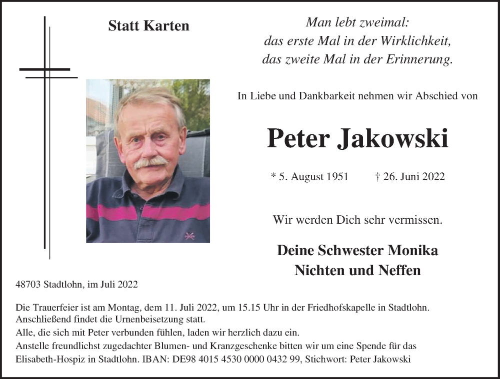 Traueranzeige für Peter Jakowski vom 07.07.2022 aus Münstersche Zeitung und Münsterland Zeitung