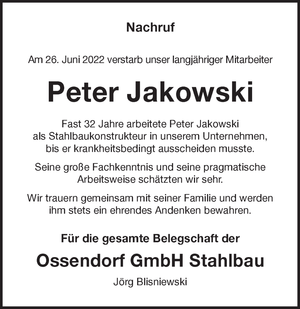  Traueranzeige für Peter Jakowski vom 09.07.2022 aus Münstersche Zeitung und Münsterland Zeitung